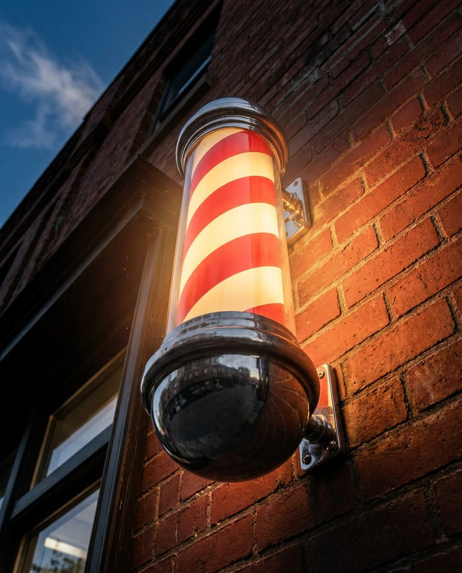 Traditional barber pole outside the shop on Swan Street
